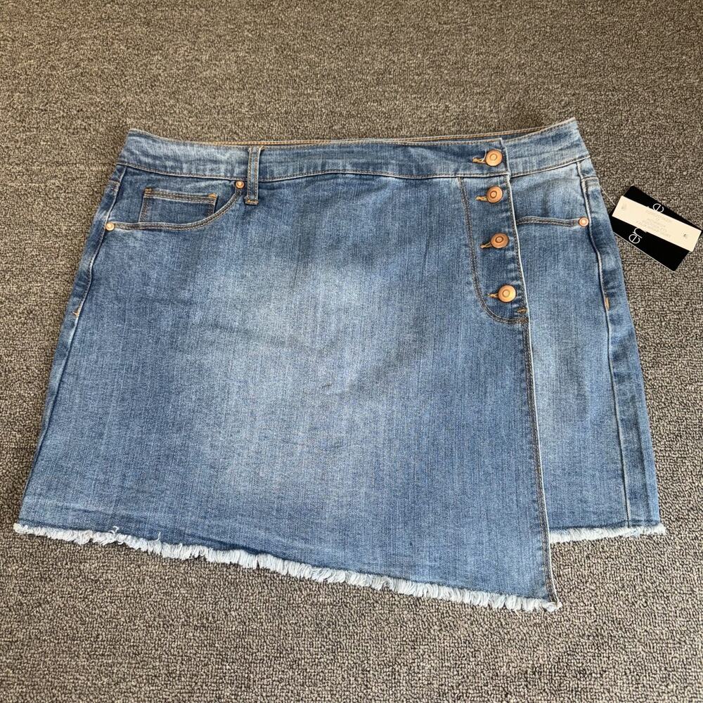 Energie Faux Wrap Skirt Women 17 Blue Denim Medium Wash Button Detail Frayed Hem